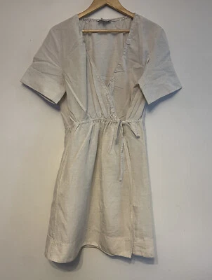 COS Cream Short Sleeve Wrap Dress Lyocell Linen Cotton V-neck Size S (8-10) - image 1 of 4
