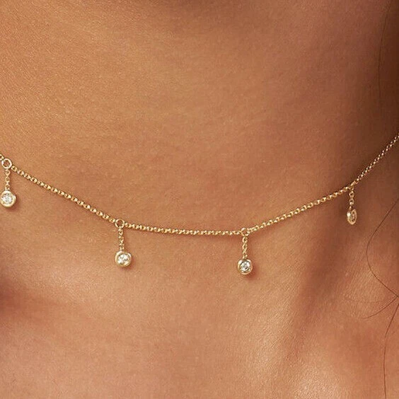 Collar Gargantilla Gotas Bisel Oro Amarillo 14K Diamante Natural (Hueco) 15"-17" Foto 1 de 4