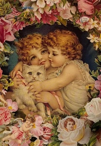 Tarjeta de amistad de colección 1994 The Gifted Line “Cuddling Kitty” hermosas niñas y gatos - Imagen 1 de 4