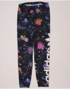 ADIDAS Girls Graphic Leggings 12-13 Years Black Floral Polyester DG39 - Picture 1 of 3