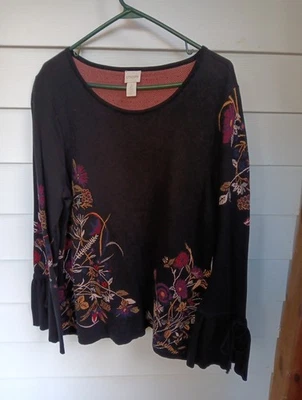 Top Chico's Mujer Talla 2/L Negro Imitación Floral Bordado Manga Campana Algodón Tejido Foto 1 de 4