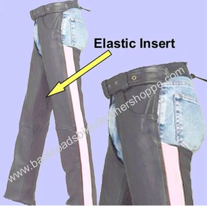 LADIES WOMENS LEATHER MOTORCYCLE BIKER CHAPS with PINK STRIPE SIZE L - Picture 1 of 3