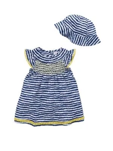 Baby Mädchen gestreiftes gerafftes Sommerkleid & Hut in Aqua/Weiß Größe alle Größen  - Bild 1 von 2
