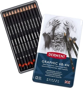 Derwent Graphic Drawing Pencils, Medium, Metal Tin, 12 Count #34214 New - Picture 1 of 4