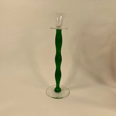 Orrefors Anne Nilsson CELESTE Candlestick Green & Gold Polkadots 14.5" - Image 1 of 4