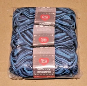 3-Pk Red Heart Scrubby Smoothie Cotton Yarn Crochet Knitting in Calm Print Blue - Picture 1 of 3