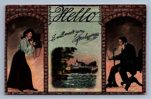 Postcard Vtg Romance Hello I Will Meet You After Business Man Woman Telephone - Picture 1 of 2