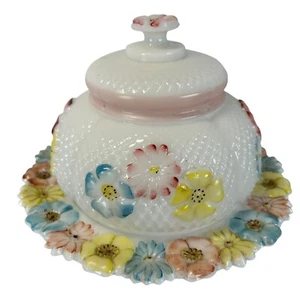 1890 Antique Consolidated Glass COSMOS Flowers Butter Dish White Milk Glass Glow - Picture 1 of 20