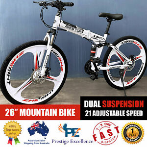 Dual Suspension Mountain Bike 21 Adjustable Speed 3 Spoke Foldable Bicycle White
