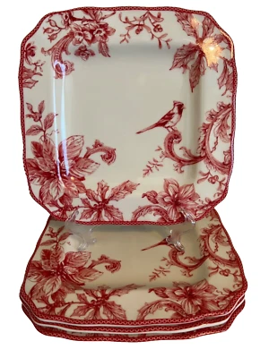 222 Fifth CHRISTMAS LANE Red White Square Ceramic 11” Dinner Plate Set of 4 NEW - Image 1 of 4
