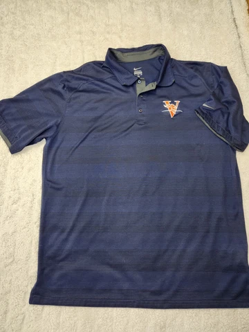 Virginia Cavaliers Nike Polo XL NCAA Stitch Patch Mascot Logo Navy Blue Stripes Cover
