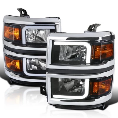 Black For 2014-2015 Chevy Silverado 1500 Led Tube Headlights Chrome Trim 14-15 - Image 1 of 4