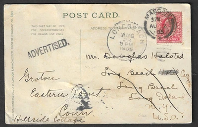 Long Beach, NY, ADVERTISED and forwarded 1905 postcard from England - Image 1 of 4