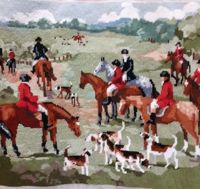 Completed Needlepoint "THE HUNT" 2332 Dimensions: Horses/Dogs Linda Gillum 16x12 - Image 1 of 4