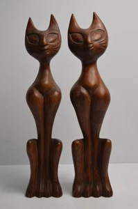 2 statue gatto MCM intagliate a mano vintage felino arredamento moderno coppia Taiwan 13" - Foto 1 di 22