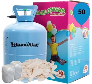 HeliumStar® Ballongas für bis zu 50 Ballons & 50 weiße Latex-Herzballons & Band - Bild 1 von 1