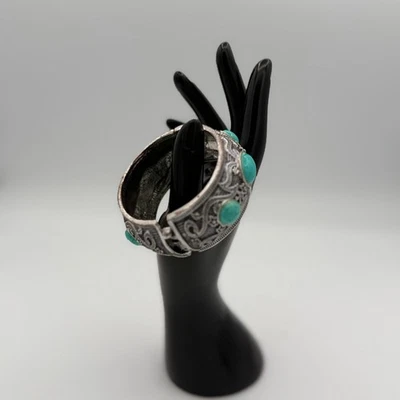 Vintage Silver Tone Filigree Cuff Bracelet Turquoise Gemstone Accent 7'' - Image 1 of 2