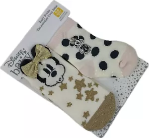 Disney Store Baby 2 Pk Multicolor Crew Cotton Glitter Minnie Mouse Socks 0-6 MO - Picture 1 of 2