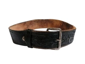Boys Vtg Black Tooled Leather Western Rodeo Belt Silver Tone Buckle Sz 22 / S - Picture 1 of 7