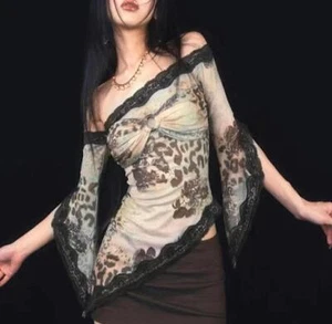 Y2K Grunge Netz T-Shirt schulterfrei Vintage Druck kurzes Oberteil lässig langarm - Bild 1 von 6