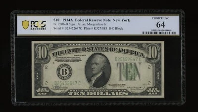 DBR 1934-A $10 FRN New York Fr. 2006-B PCGS-B 64 Serial B25452647C - Image 1 of 2