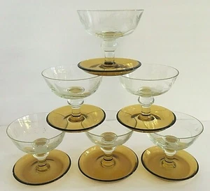 Vintage Clear Etched Dessert Glasses with Amber Foot. Set of 6 - Picture 1 of 6