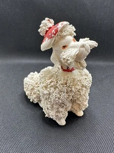 Vintage 1950s Spaghetti French Poodle Figurine White Ceramic Red Collar & Hat - Picture 1 of 15