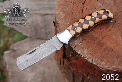Custom Handmade Damascus Folding Knife With Rose  Wood Handle & Leather Cover - Image 1 of 4