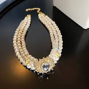Wedding Party Jewelry Women Fashion White Pearl Choker Necklace Large Crystal - Picture 1 of 7