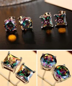 Small Rainbow Stone Crystals Earrings Women Fashion Jewelries Round Stud Earring - Picture 1 of 18