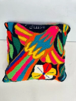 Vintage Stitch Throw Pillow With Colorful Flowers Tropical Bird12” Kitschy Boho - Image 1 of 4