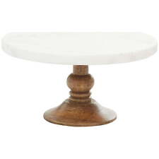 Modern Round Marble Cake Stand with Carved Wood Base and White Top Finish