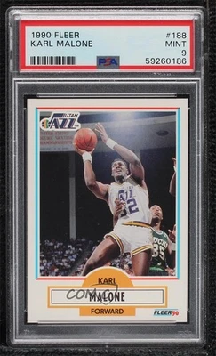 Fleer Karl Malone 1990-91 (línea negra bajo información biográfica) PSA 9 como nuevo Foto 1 de 2