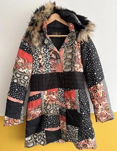 Roberto Cavalli Coat Women's Size 16 42 Parka Fur Hood Patchwork Style Jacket XL - Picture 1 of 9
