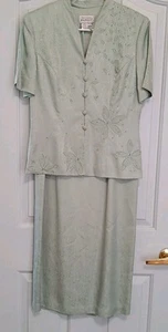Adrianna Papell 100% Silk Skirt Suit Mint Green 6 Button Front Short Sleeve Vtg - Picture 1 of 9