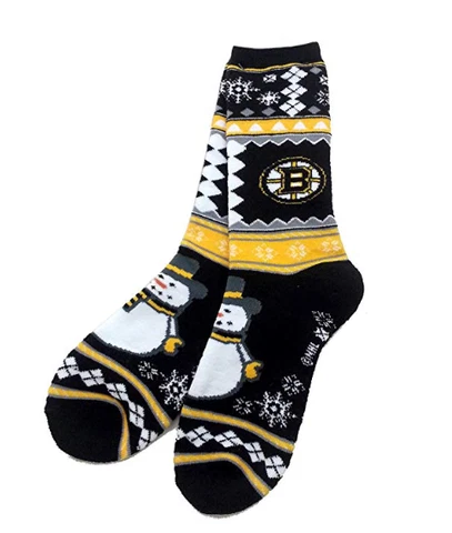 Boston Bruins Hockey Holiday Christmas Snowman Black Crew Socks Cover