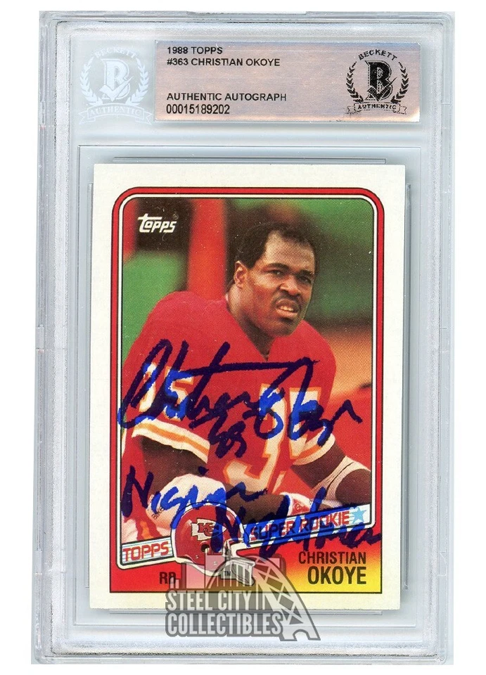 Christian Okoye 1988 Topps Autograph "Nigerian Nightmare" RC Card #363 BAS - Image 1 of 1