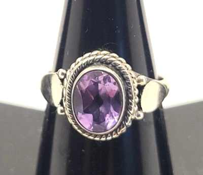 Anillo Amatista Facetado Natural Plata de Ley 925 Talla 4.5 Diseño Hoja Cuerda Foto 1 de 4