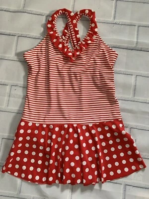 Traje de baño Lands' End para niña 12+ con falda de una pieza a rayas a lunares rojo y blanco Foto 1 de 4
