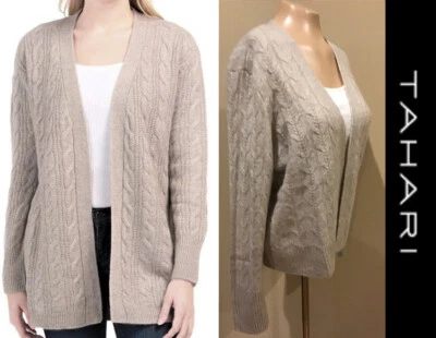 Cárdigan beige grueso tejido con cable 100 % cachemir delantero abierto L $399 nuevo con etiquetas TAHARI 2 capas Foto 1 de 4