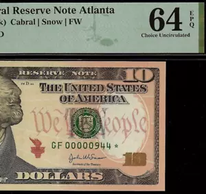 2004A $10 Federal Reserve Note Atlanta PMG 64EPQ 3 digit low serial Fr 2039-F* - Picture 1 of 3
