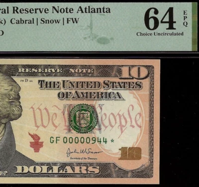 2004A $10 Federal Reserve Note Atlanta PMG 64EPQ 3 digit low serial Fr 2039-F* - Image 1 of 3
