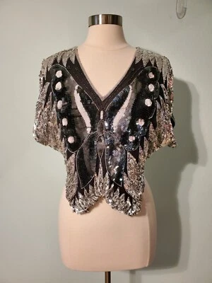 Vintage 1980 Esister Max 100% Silk Black Silver Sequin Beaded Butterfly Top Sz L - Image 1 of 4