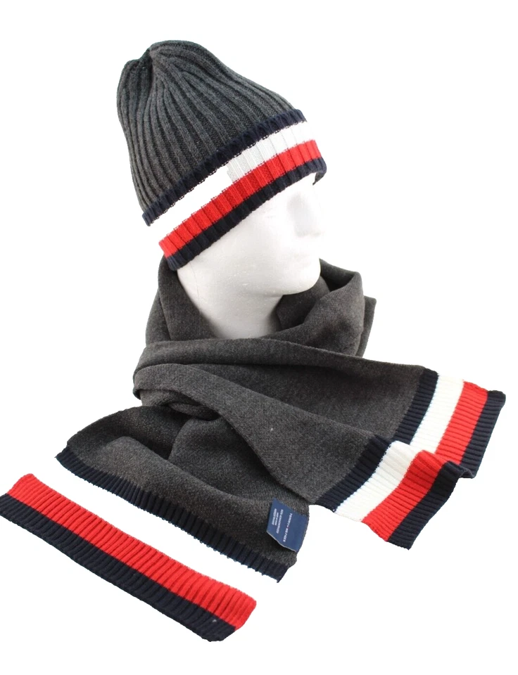 Tommy Hilfiger Hat and Scarf Set Mens One Size Beanie Red/white/blue Gray C5