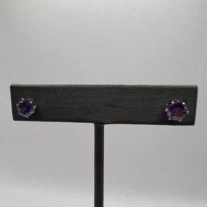 Pierced Stud Earrings Purple Crystal Stone Silver Tone - Picture 1 of 7