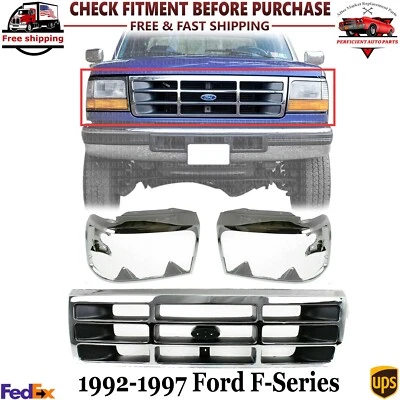 前格栅镀铬 + 头灯门对适用于 1992 - 1997 年福特 F 系列/野马 — 第 1/4 张图片