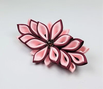 Pinza para el pelo con pasador francés rosa. Pin Kanzashi Borgoña. Cordón floral para mujer Foto 1 de 4