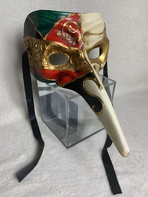 Venetian Papier-mâché Red, Black, Green, Gold & White Scaramouche Long Nose Mask - Image 1 of 4
