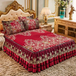 Lace Zipper Quilted Summer Cooling Bedspread Set Queen King Ice Silk Bed Skirt- - Picture 1 of 29