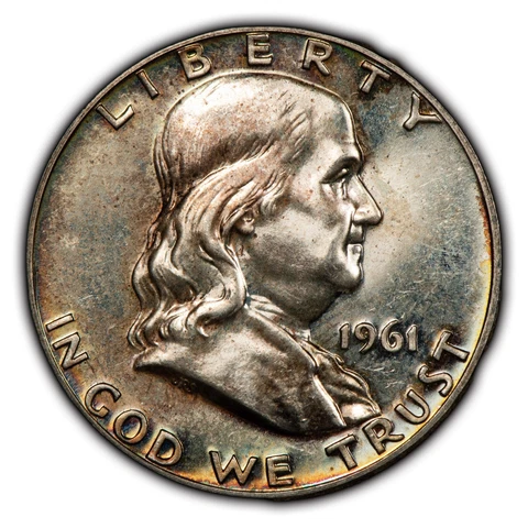 1961 50c Silver Franklin Half Dollar Proof - Speckled Rainbow Toning - SKU-H2410 Cover